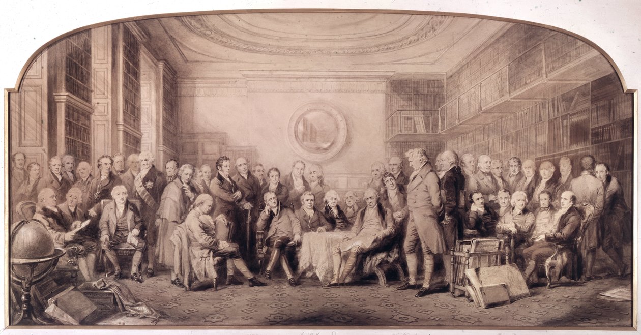 Významní muži vědy v letech 1807-1808. Setkání v knihovně Královského institutu věd v Anglii. Rytina Williama Walkera a Sira Johna Gilberta (1817 - 1897) - Eminent Men of Science Žijící v roce 1807 - Eminent Men of Science od William Walker