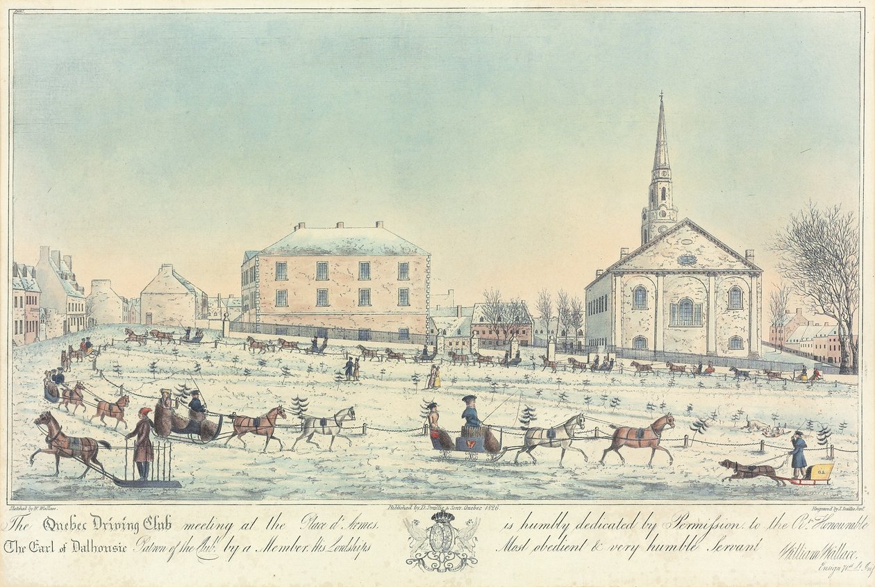 Setkání Quebec Driving Club na Place d’Armes, vyryto J. Smillie Jr., 1826 od William Wallace