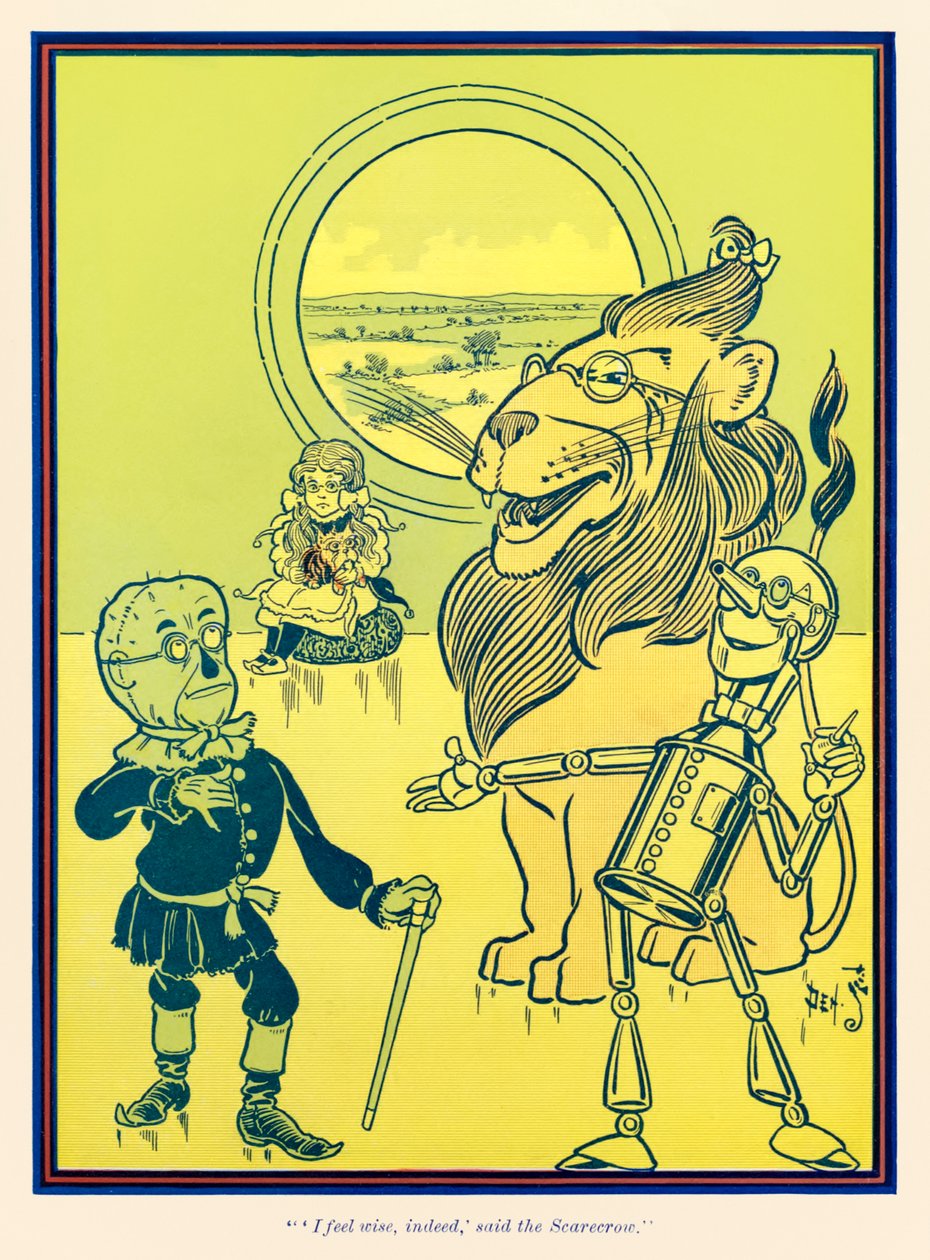 „‚Cítím se opravdu moudře‘, řekl strašák.“ z ‚The Wonderful Wizard of Oz‘ od L. Franka Bauma od William Wallace Denslow