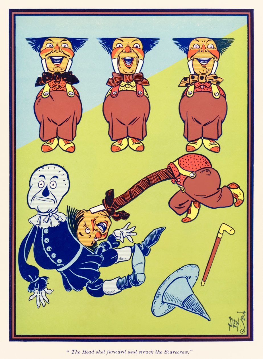 "Hlava vystřelila dopředu a zasáhla strašáka." z "The Wonderful Wizard of Oz" od L. Franka Bauma od William Wallace Denslow