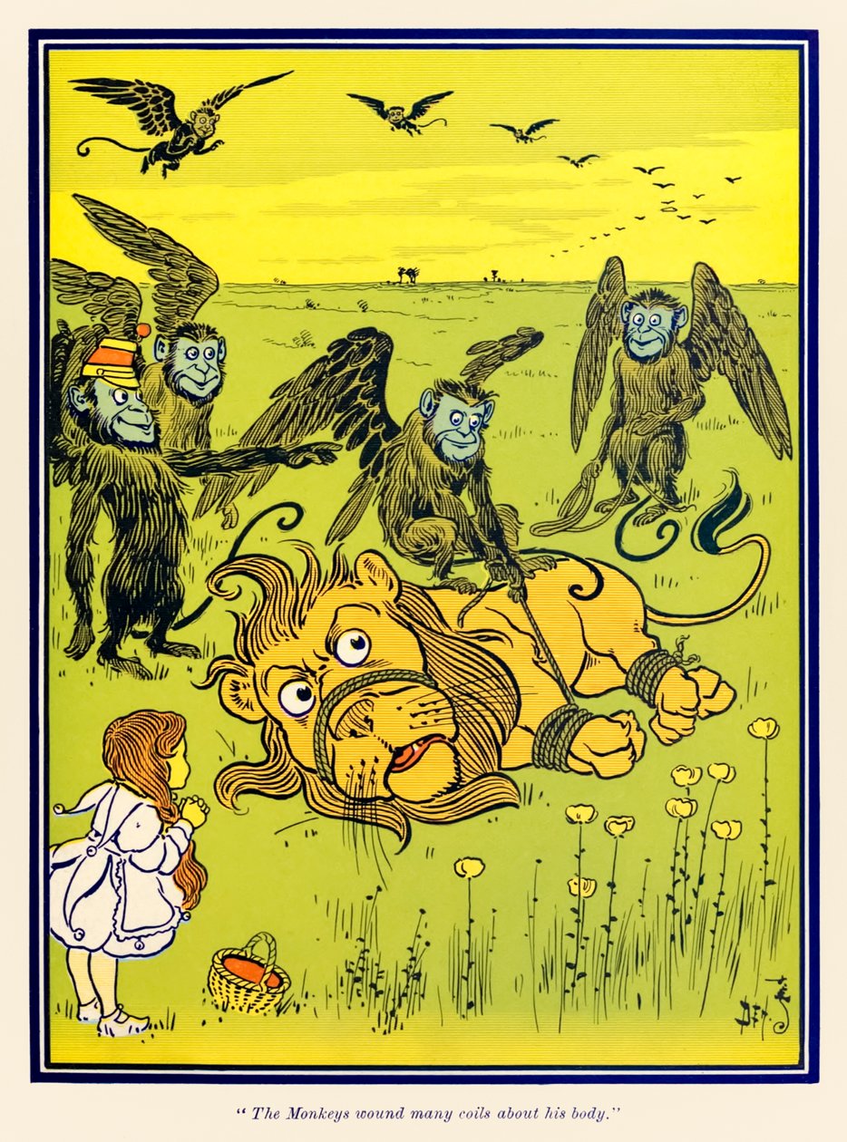 "Opice mu namotají kolem těla mnoho cívek." z "The Wonderful Wizard of Oz" od L. Franka Bauma od William Wallace Denslow