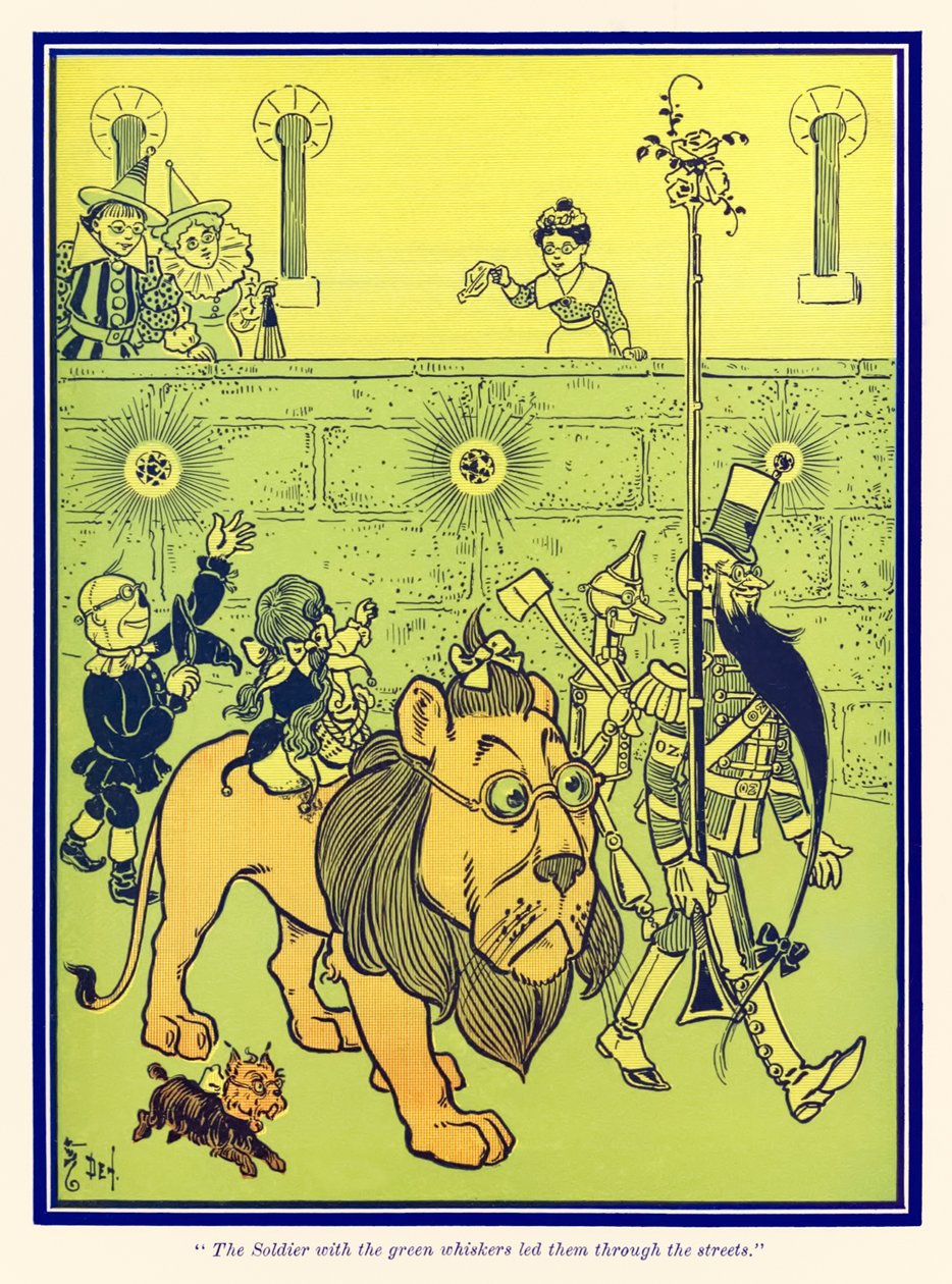 Voják se zelenými vousy je vedl ulicemi. z knihy L. Franka Bauma Čaroděj ze země Oz. od William Wallace Denslow