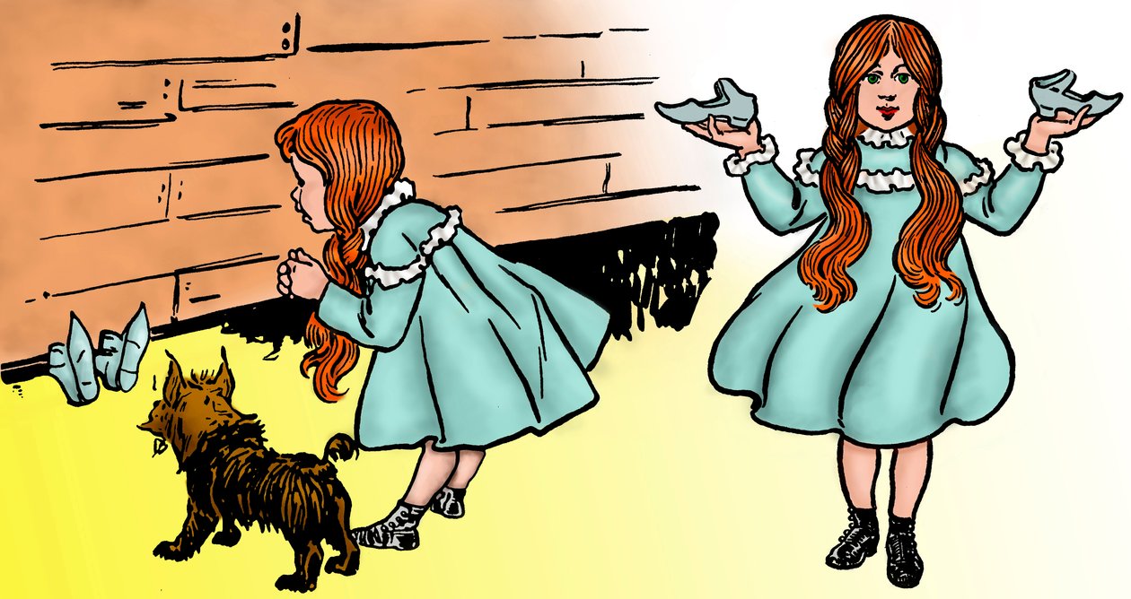 The Wonderful Wizard of Oz - The Wizard of Oz: Úprava dvou snímků Denslowa, William Wallace (1856-1915) vytvořený pro první vydání 1900 knihy Franka Bauma (1856-1919) - Dorothee (Dorothy), doprovázená svým psem Toto , obnovuje magické stříbrné šó od William Wallace Denslow