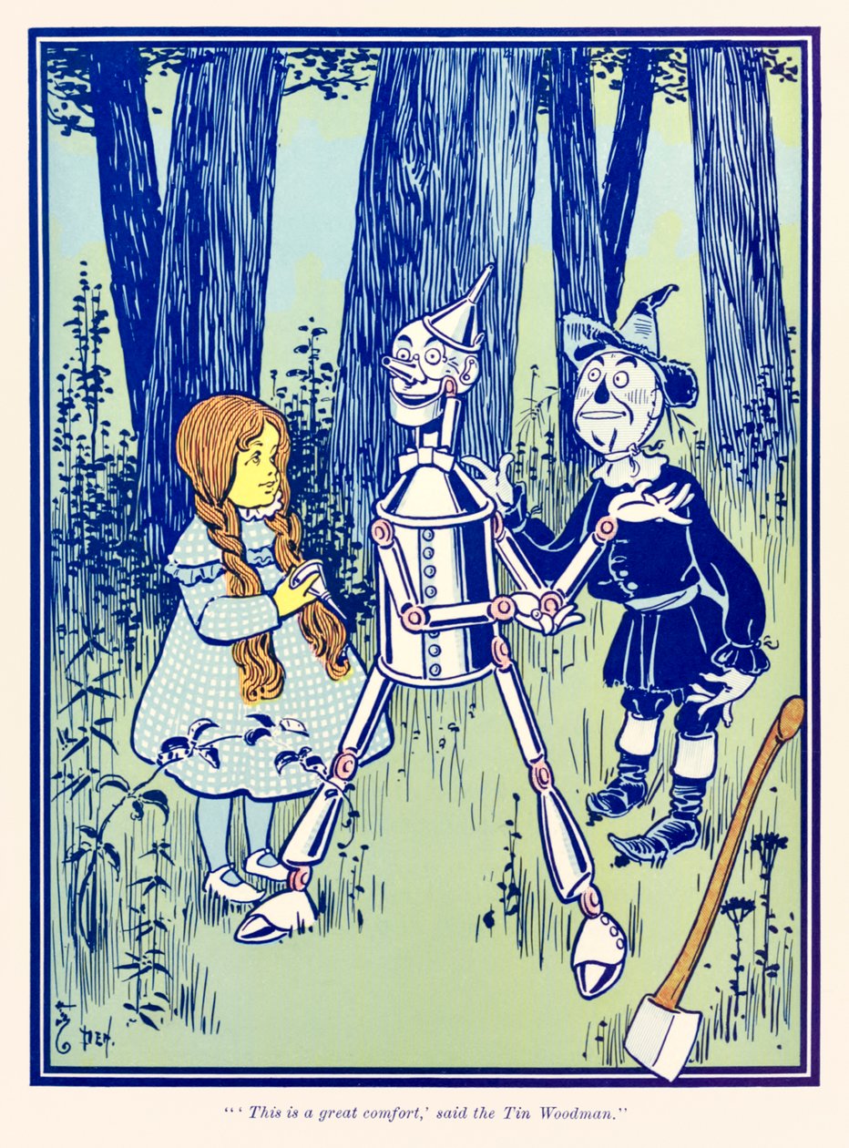 "To je velká útěcha," řekl Plechový lesní muž." z knihy L. Franka Bauma "Čaroděj ze země Oz". od William Wallace Denslow