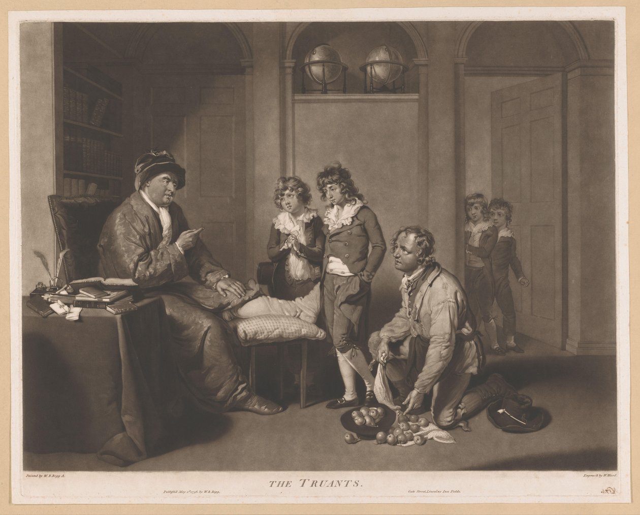Muž nadává dětem a klečícímu muži s hruškami The Truants (název na objektu) od William Ward