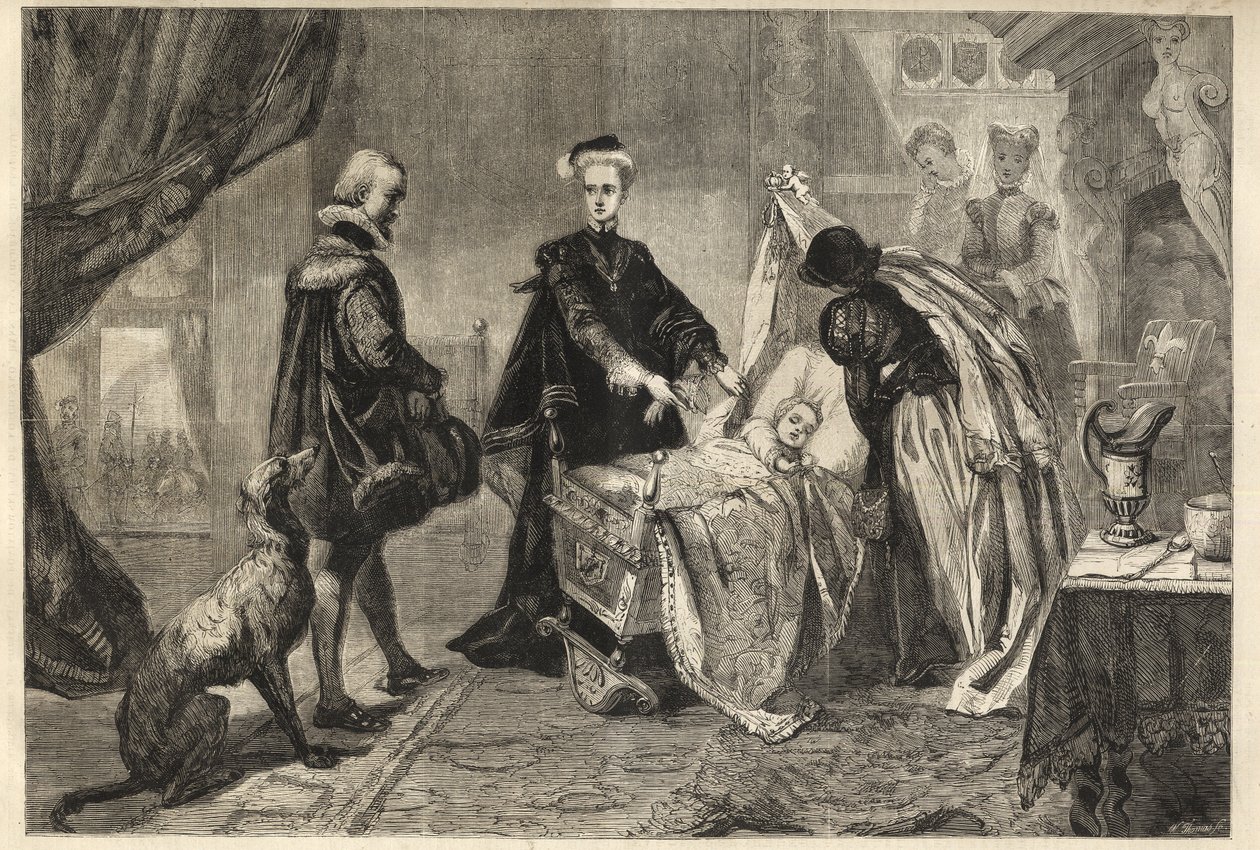 Queen Mary opouští hrad Stirling - Marie Stuartovna (Marie I. Skotská) před kolébkou svého syna (Jacques Stuart, Jacques VI a já od William Ward