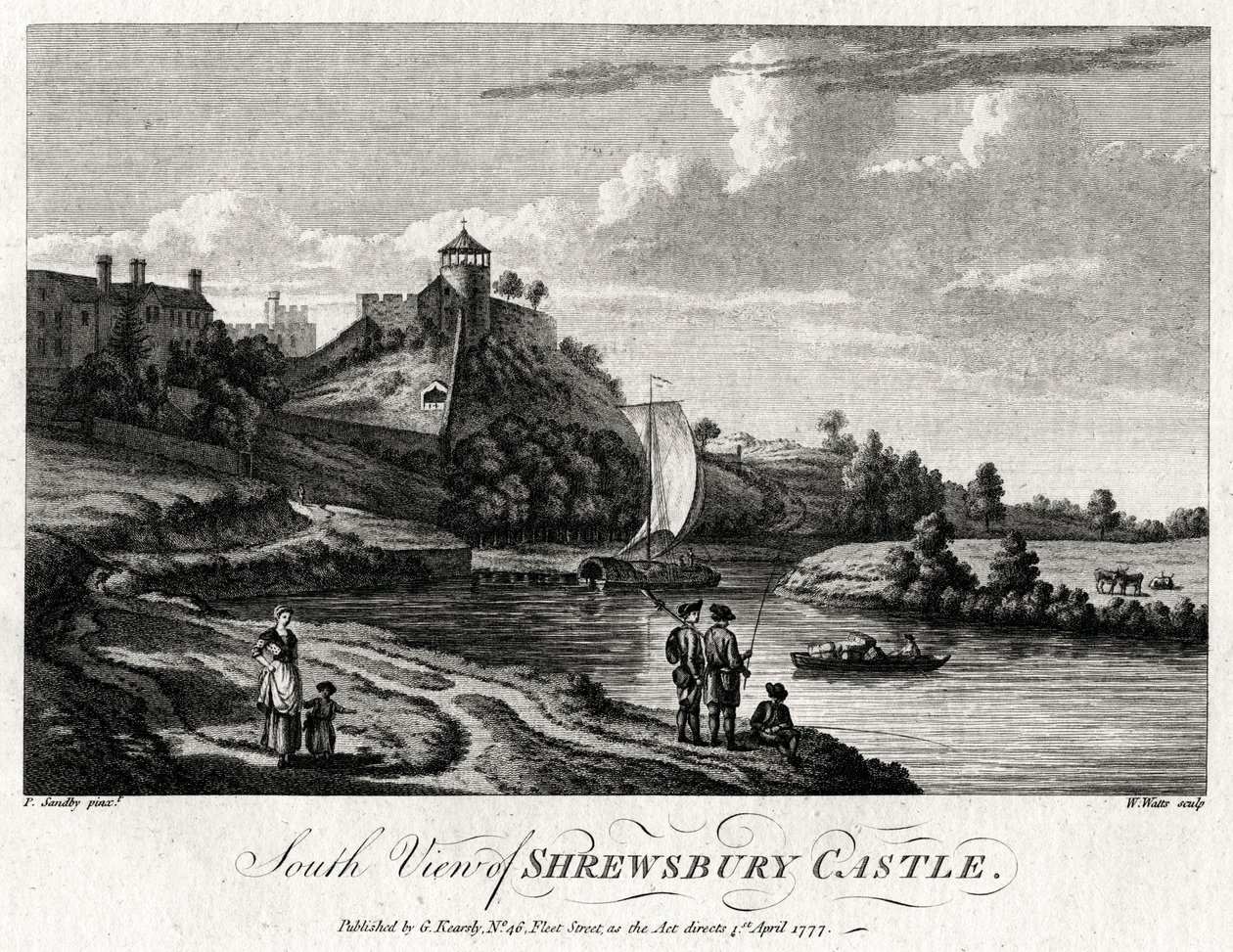 Jižní pohled na hrad Shrewsbury, Shropshire, 1777 od William Watts