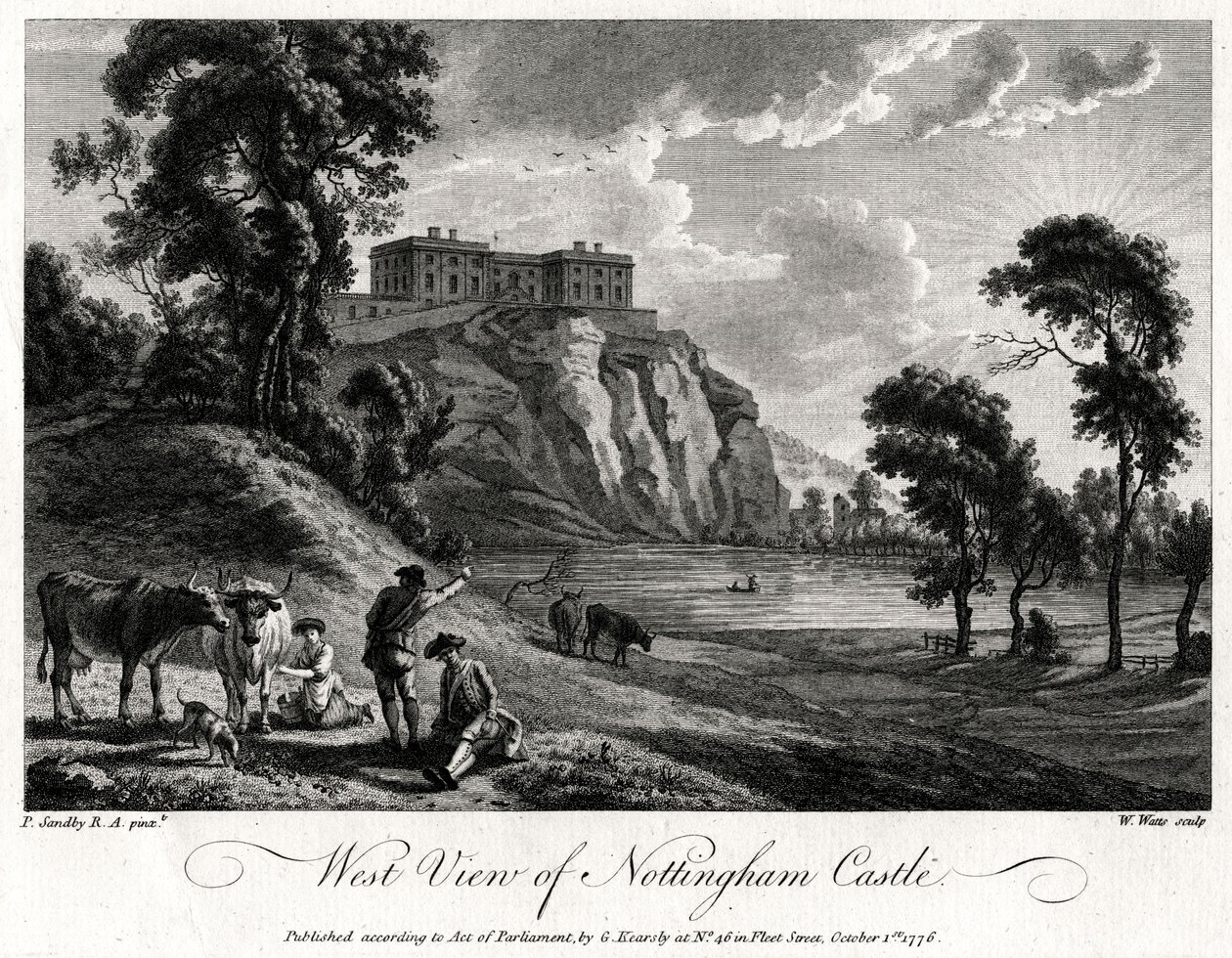 Západní pohled na hrad Nottingham, Nottinghamshire, 1776 od William Watts