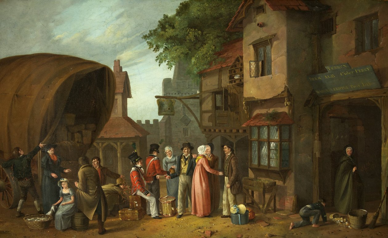 Scéna před hostincem, možná v Congresbury, Somerset, kolem 1824 (olej na panelu) od William West