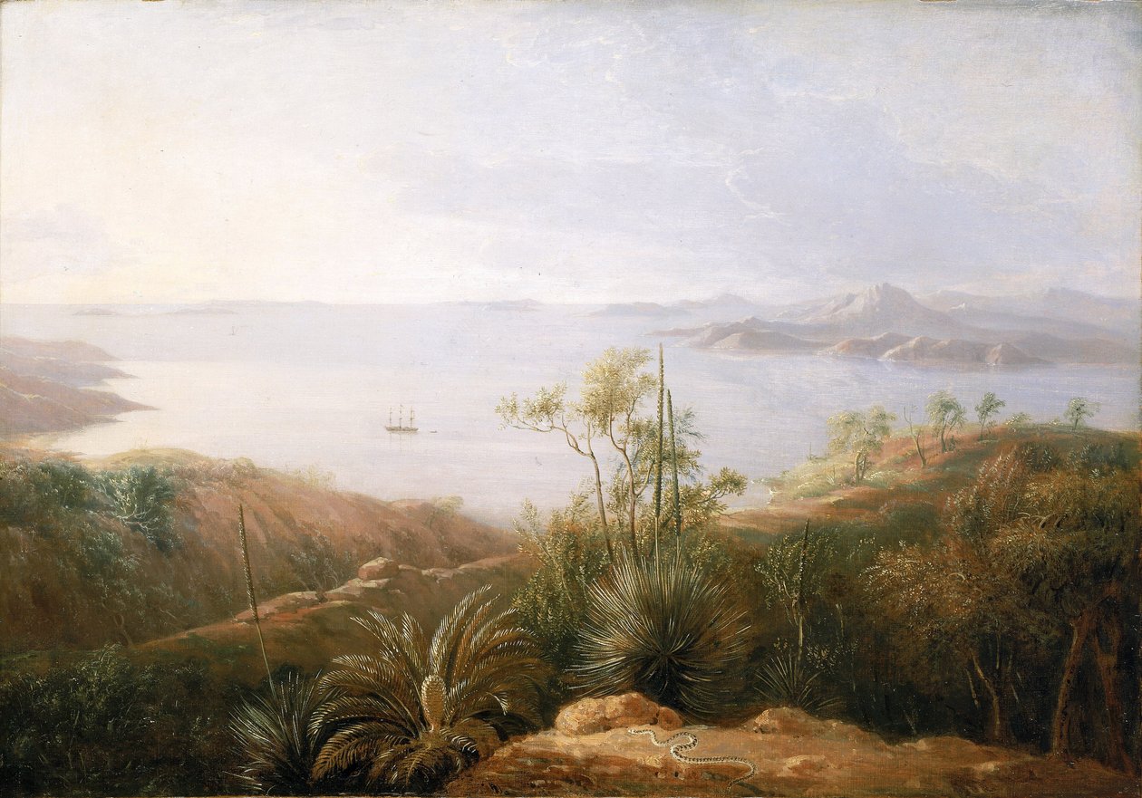 Zátoka na jižním pobřeží Nového Holandska (Austrálie), leden 1802, během výpravy Matthewa Flinderse (1774-1814) na lodi Investigator v letech 1801-1803, jejímž cílem bylo zmapovat jižní země; malíř byl členem výpravy. od William Westall