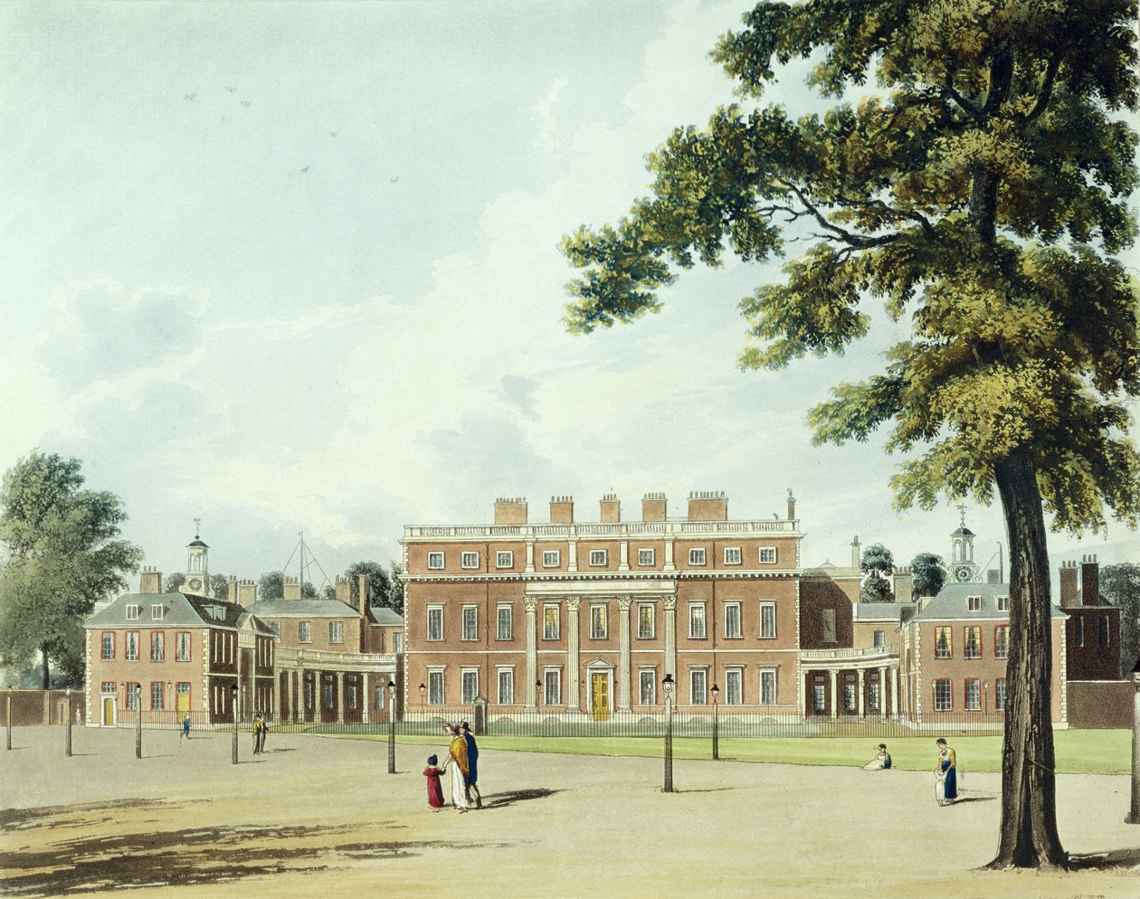 Buckingham House, z „Dějiny královských sídel“, vyryl Thomas Sutherland (nar. 1785), William Henry Pyne (1769-1843), 1819 od William Westall