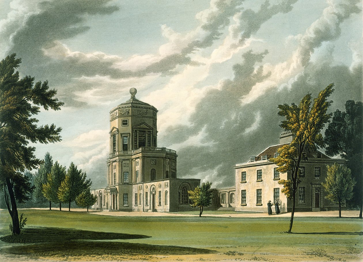 Exteriér Astronomické observatoře, ilustrace z historie Oxfordu, vyryl Joseph Constantine Stadler (fl.1780-1813) pub. od R. Ackermanna, 1813 (akvatinta) od William Westall