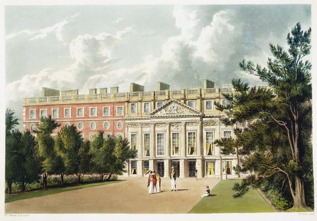 Palác Hampton Court, z „Dějiny královských sídel“, vyrytý Richardem Reeveem (nar. 1780), William Henry Pyne (1769-1843), 1819 od William Westall