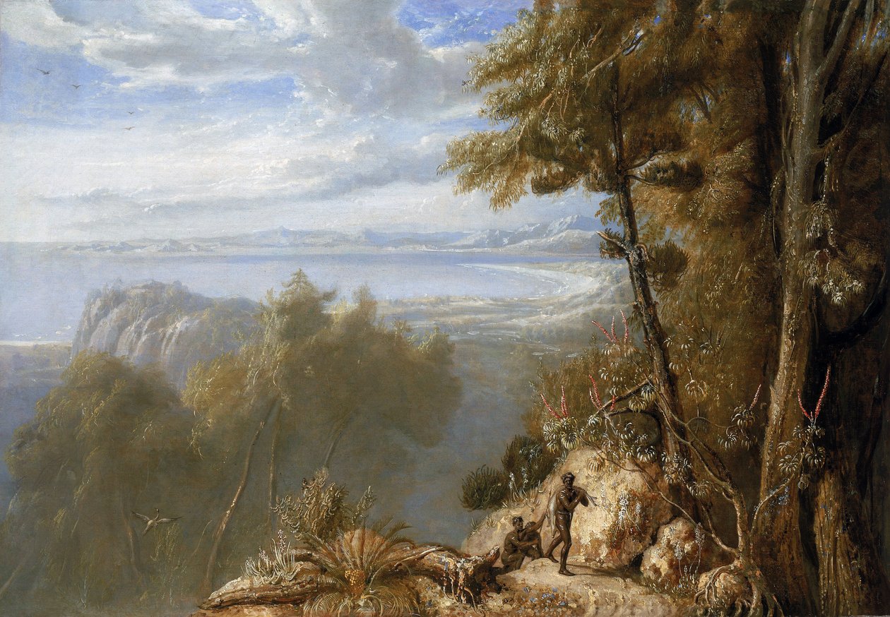 Pohled na Port Bowen (Austrálie), srpen 1802, během výpravy Matthewa Flinderse (1774-1814) na lodi Investigator v letech 1801-1803, která mapovala jižní země; malíř byl členem výpravy. od William Westall