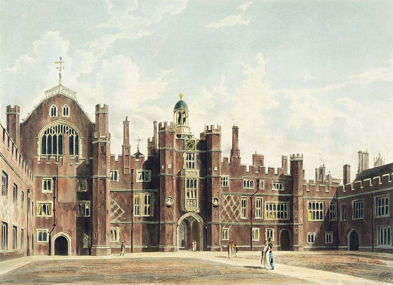 Pohled na nádvoří paláce Hampton Court z Pyneovy knihy "Královská sídla", kterou vyryl Thomas Sutherland (nar. asi 1785) a která byla vydána v roce 1819. od William Westall