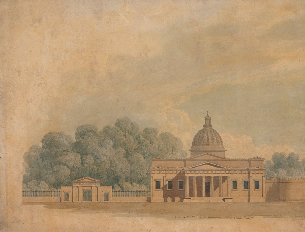 Elevace navrhované budovy pro Downing College, Cambridge od William Wilkins