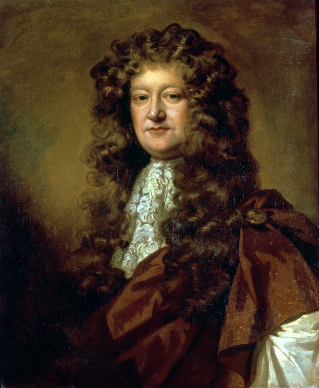 Portrét gentlemana v hnědém plášti a bílém jabotu od William Wissing or Wissmig