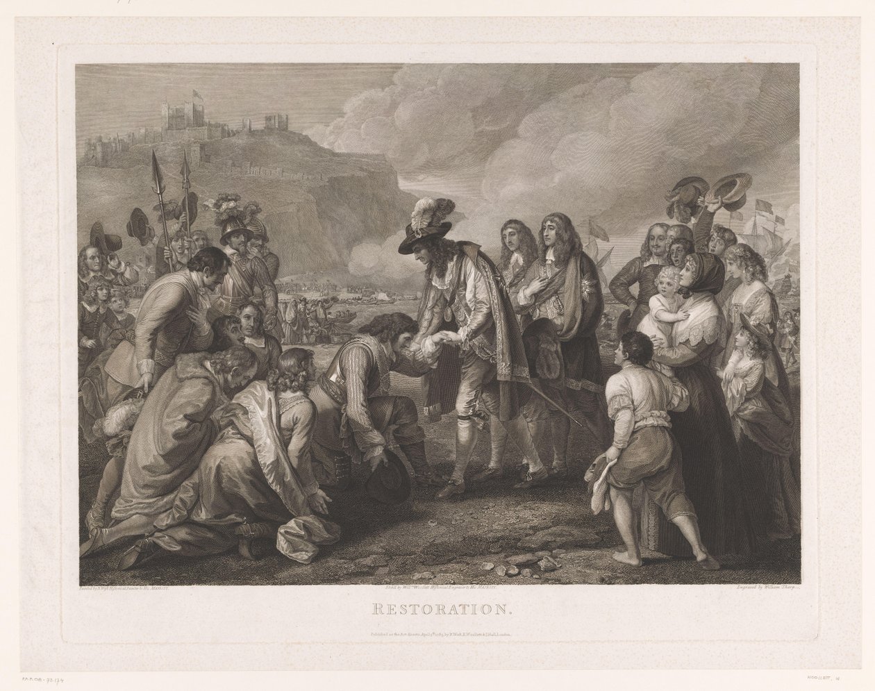 Anglický Karel II přijíždí na pláž v Doveru 25. května 1660 Restaurování (název na objektu) od William Woollett