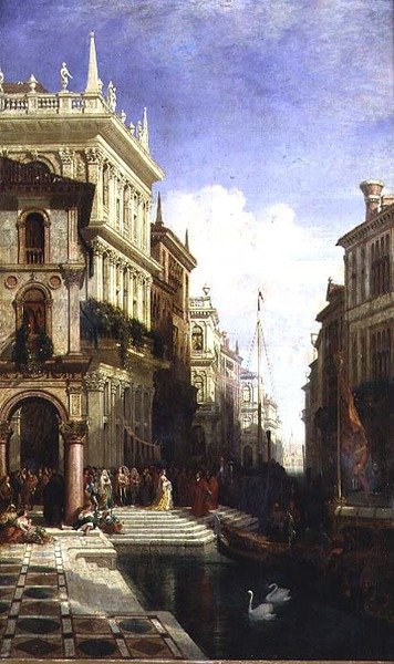 Capricciový pohled na Benátky s princeznou ukázanou gondole v zadní části Scuola di San Marco od William Wyld
