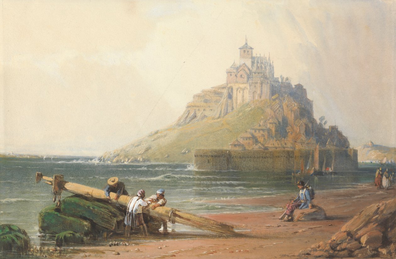 Pohled na Mont St. Michel s postavami na pláži od William Wyld