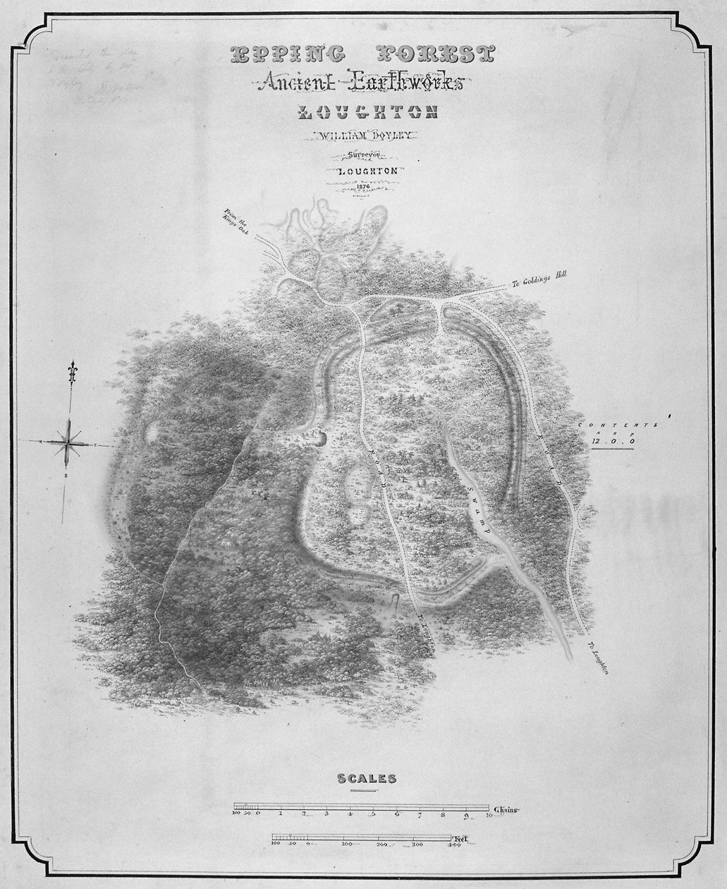 Mapa starověkých zemních prací v Loughton Camp vytvořená kolem roku 52 našeho letopočtu v Epping Forest, Essex, 1876 od William d