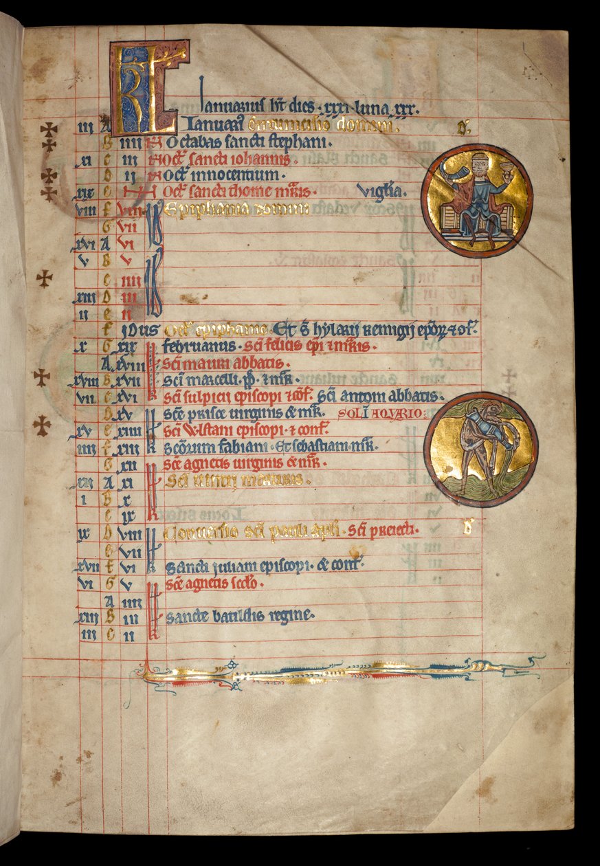 Paní 322 f.1r January, tříhlavý muž pijící, ilustrace z 
