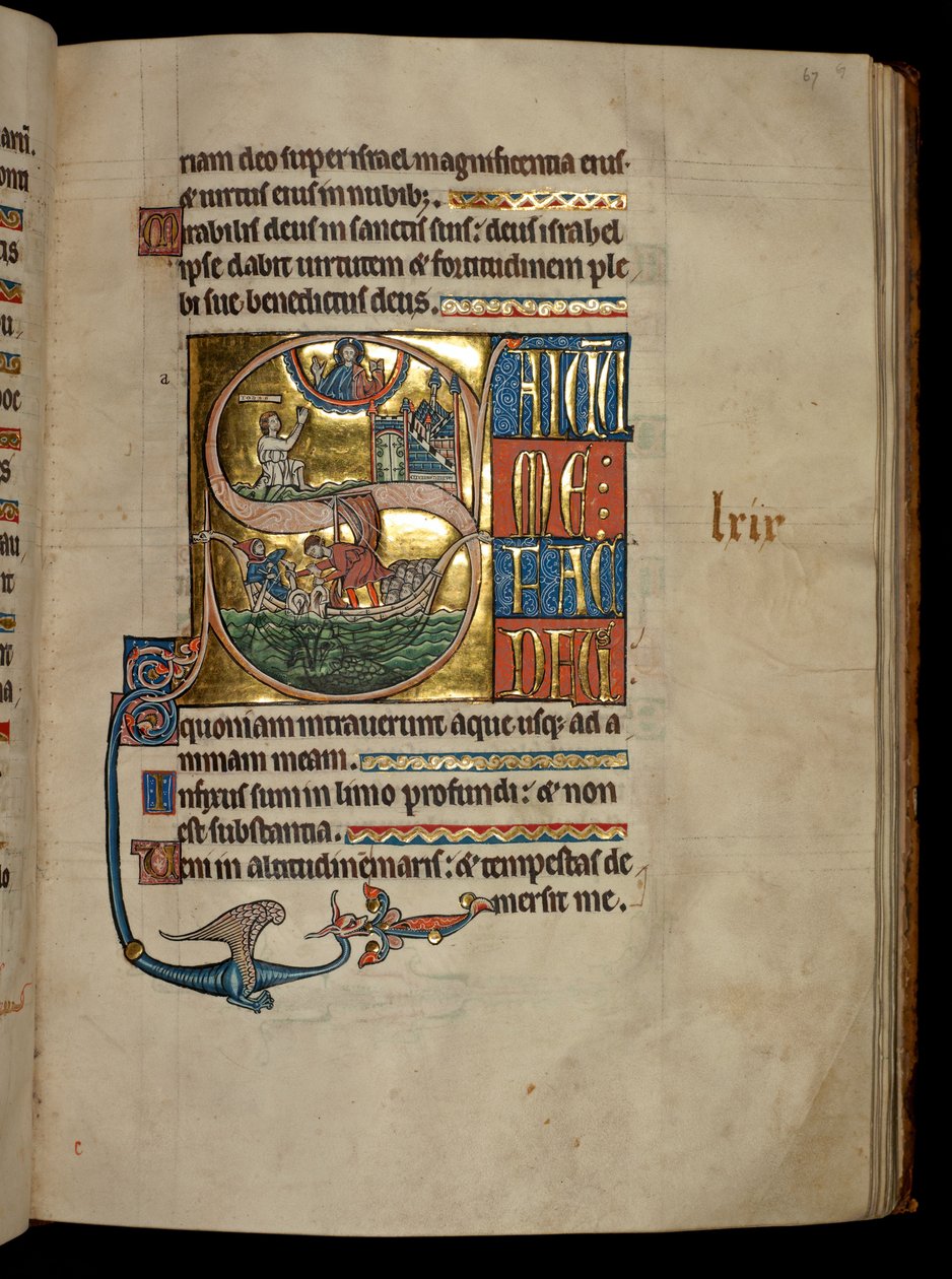 Ms 322 f.67r, Žalm 68, iniciála S, Jonáš se modlí ke Kristu při výstupu z velryby a Jonáš hozený na velrybu, ilustrace z 
