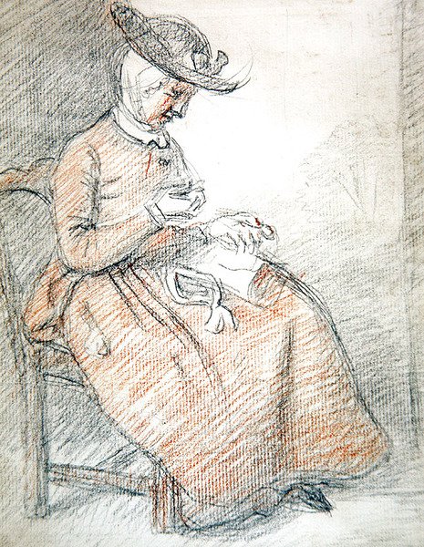 Šití žena v sedě (červená a černá křída na papíře) od William of Bath Hoare
