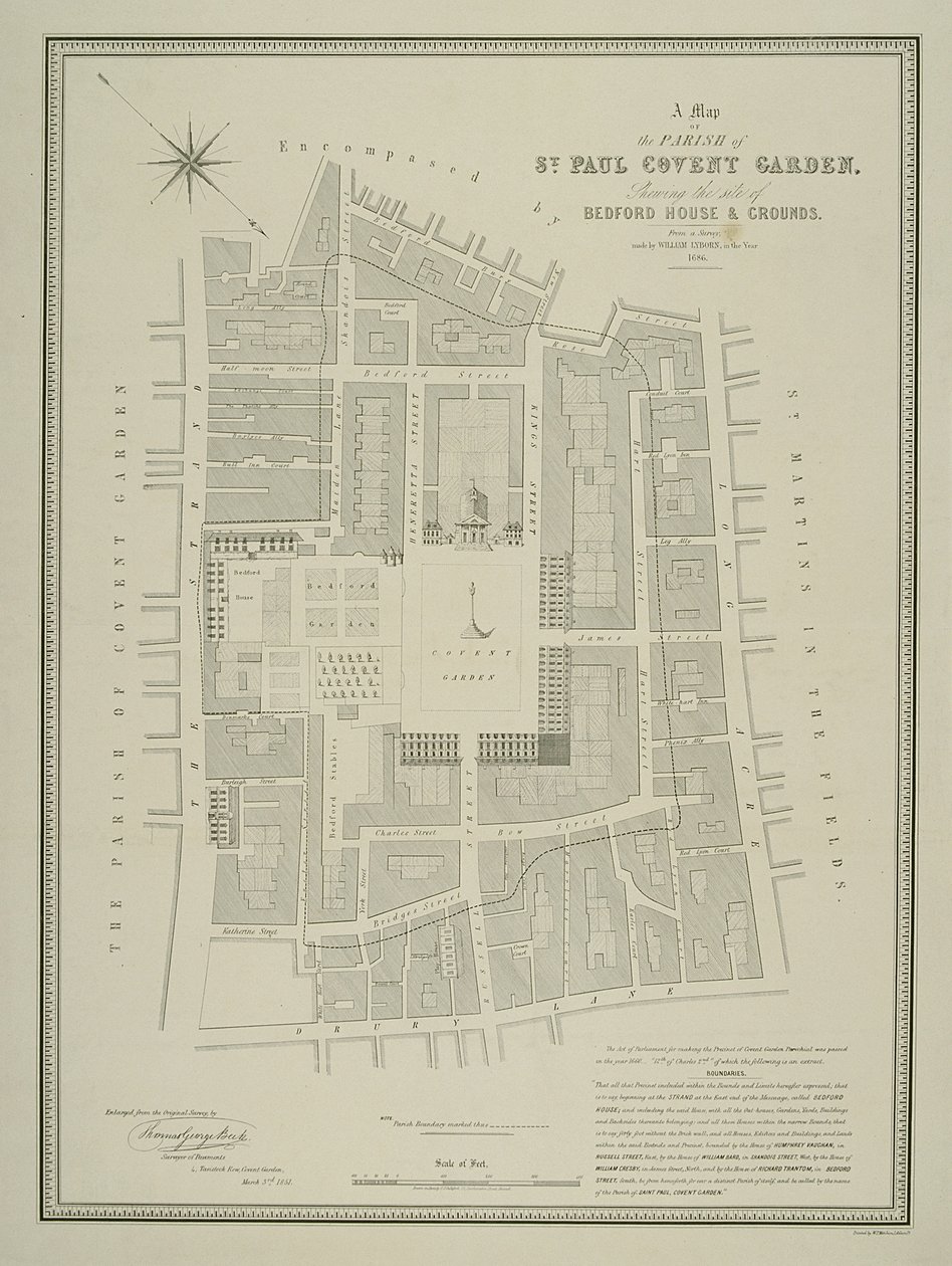 Mapa farnosti St. Paul, Covent Garden, zobrazující místo Bedford House a pozemky, publikoval W.P. Metchim, 1686 od Willian Leybourn