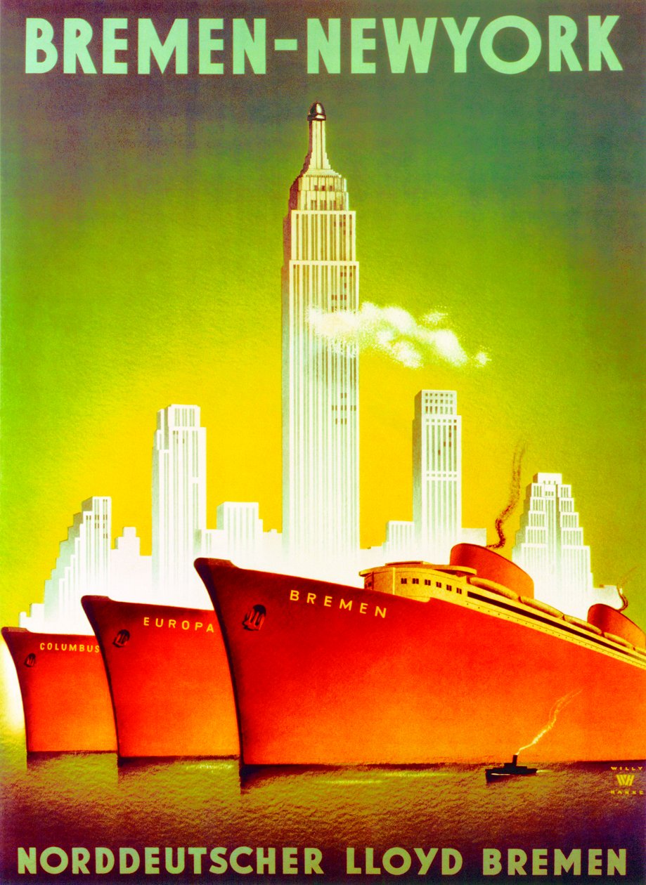 "Brémy - New York", reklamní plakát společnosti North German Lloyd Line od Willy Hanke