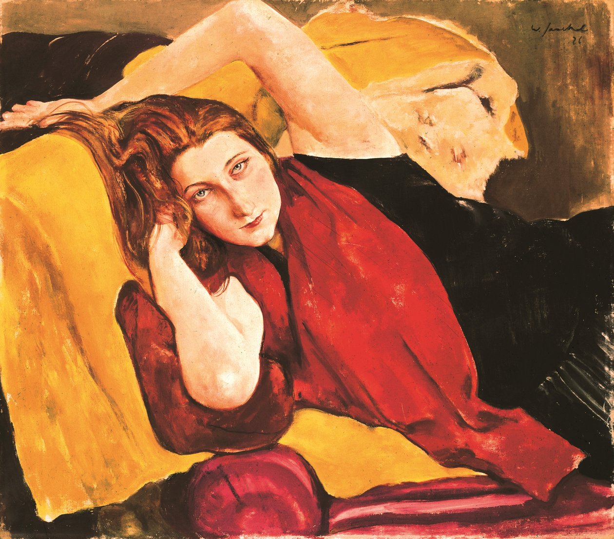 Portrét mladé dívky s červenou štólou - Portrét dívky s červeným šátkem, Jaeckel, Willy (1888-1944). olej na plátně od Willy Jaeckel