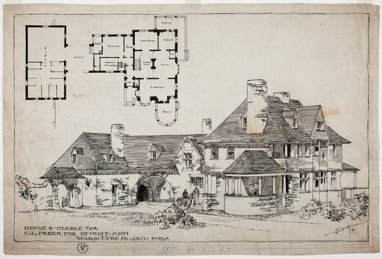Freer Residence, House and Stable, 1891 (pero a inkoust přes grafitovou tužku na papíře) od Wilson Eyre