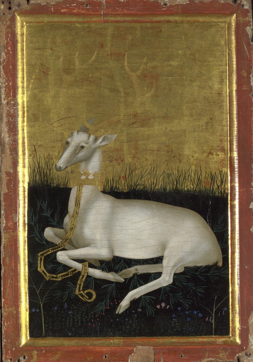 Bílý jelen okovaný s korunou kolem krku Vnější panel Wiltonova diptychu, mezi 1395 a 1399 od Wilton Master