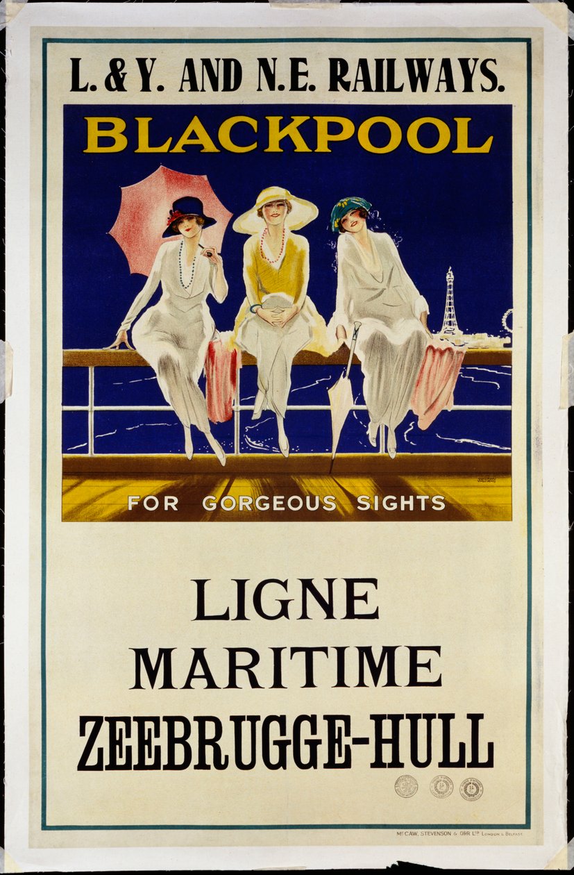 Blackpool, L.& Y. a N.E. Železnice, kolem roku 1930 (barevná litografie) od Wilton Williams