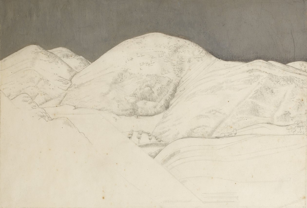 Krajinná studie pro Santisima Trinita, kolem roku 1924 (tužka a olej na papíře) od Winifred Knights