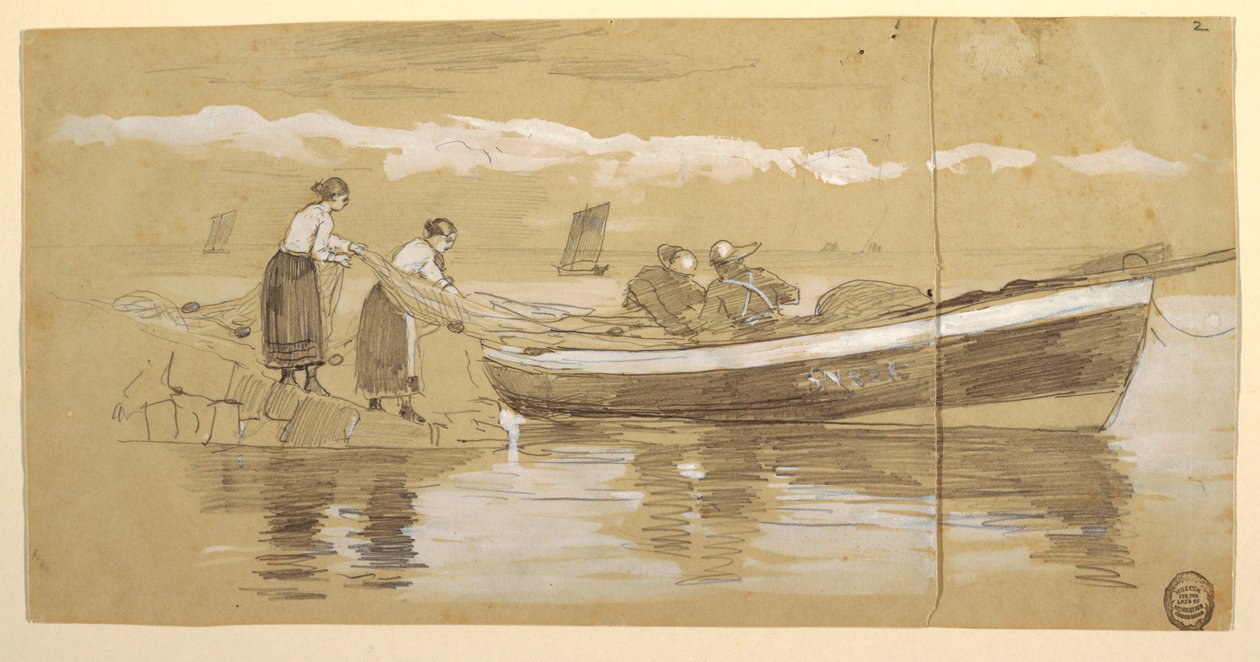 Kresba, Rybář a ženy ukládající sítě do vyplavené lodi, Cullercoats, Anglie od Winslow Homer