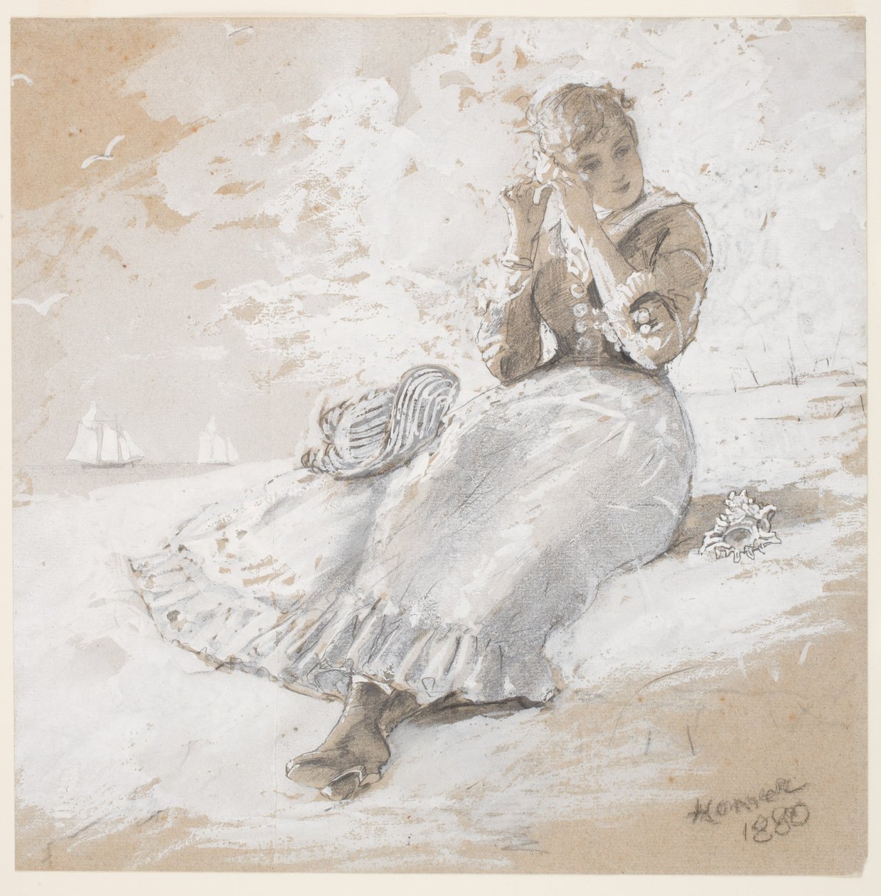 Dívka s mušlí na uchu, 1880 (grafit, dřevěné uhlí a bílý kvaš na papíře) od Winslow Homer