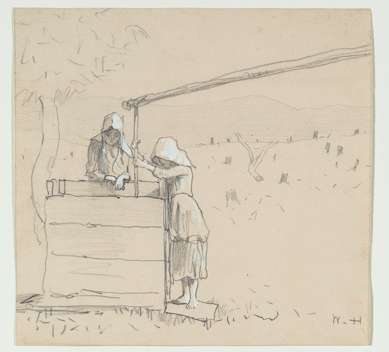 Girls at a Well, 1879 (grafit a wc na papíře) od Winslow Homer