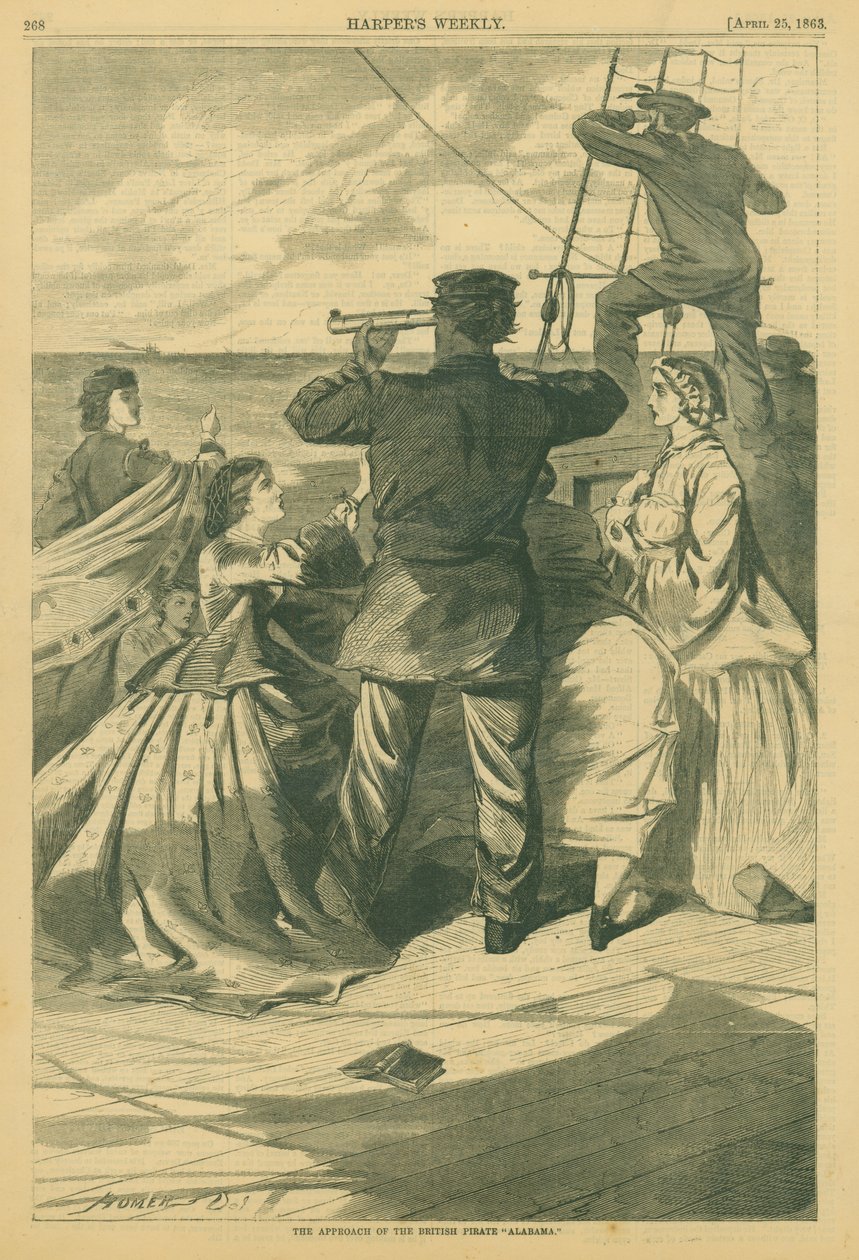 Tisk námořního důstojníka, který na dálku hledí přes dalekohled na loď, zatímco se kolem něj choulí několik dam od Winslow Homer