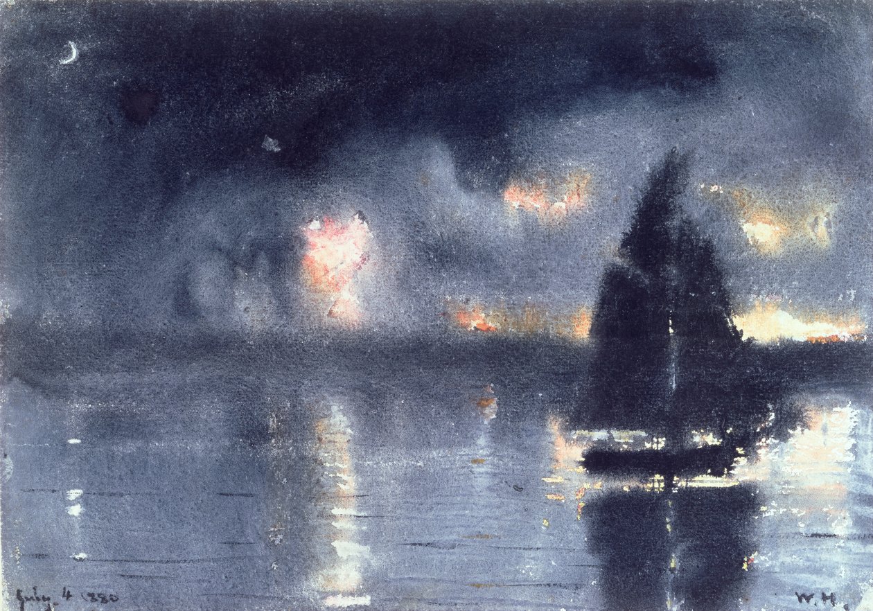 Plachetnice a ohňostroj čtvrtého července, 1880 (wc na papíře) od Winslow Homer