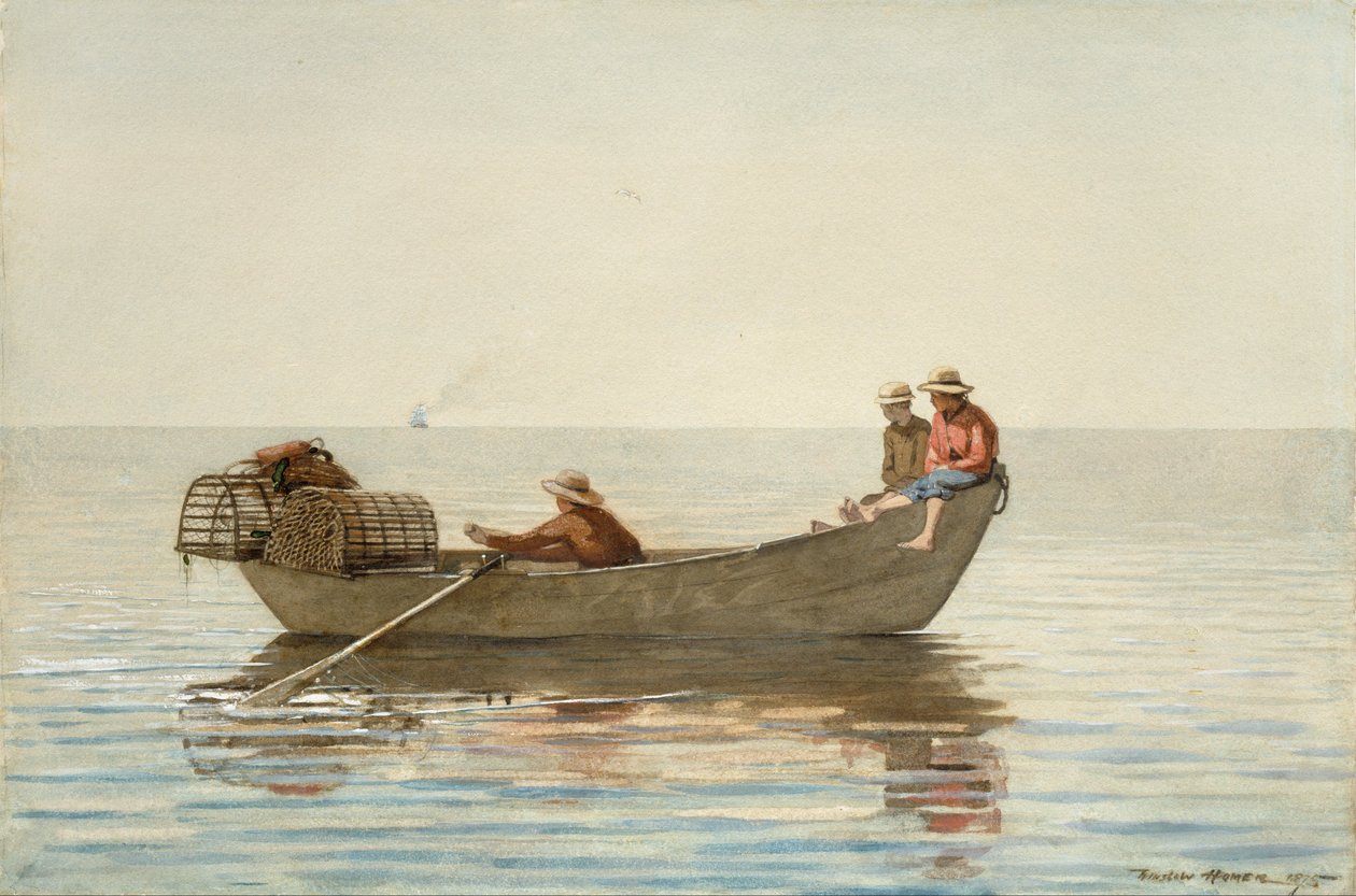 Tři chlapci v Dory s humrovými hrnci od Winslow Homer