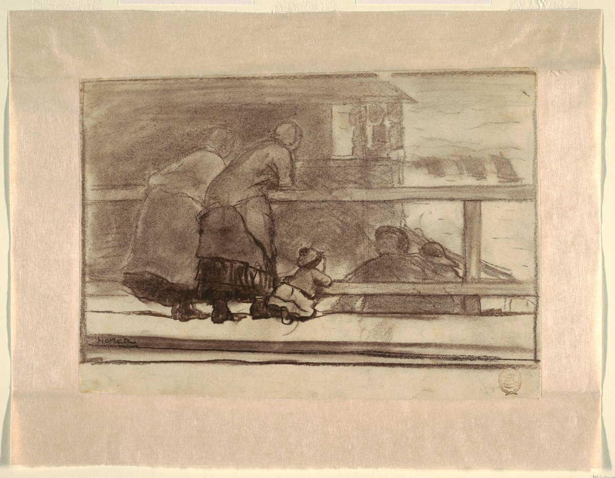 Dvě ženy a dítě na železnici, s výhledem na pláž v Tynemouth od Winslow Homer