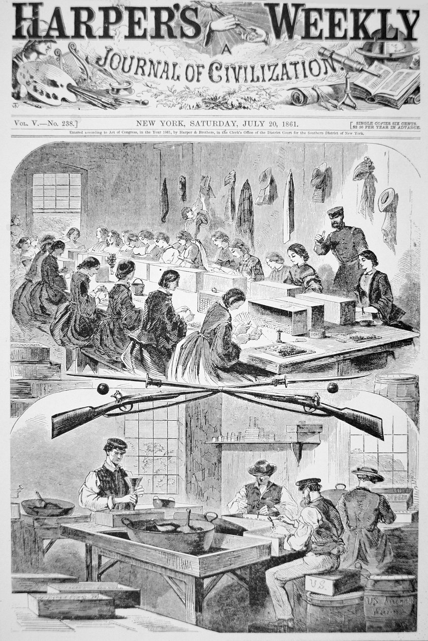 Muži a ženy plní nábojnice v arzenálu ve Watertown, Massachusetts, z Harper