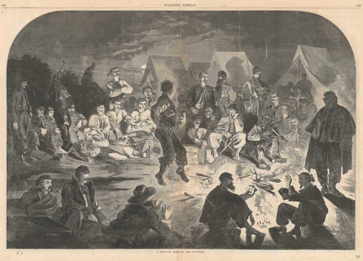 Požár v bivaku na Potomacu; od Harpera od Winslow Homer