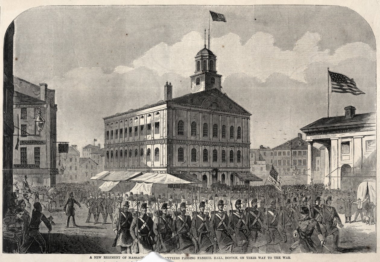 Nový pluk massachusettských dobrovolníků projíždí Faneuil Hall v Bostonu na cestě do války. od Winslow Homer