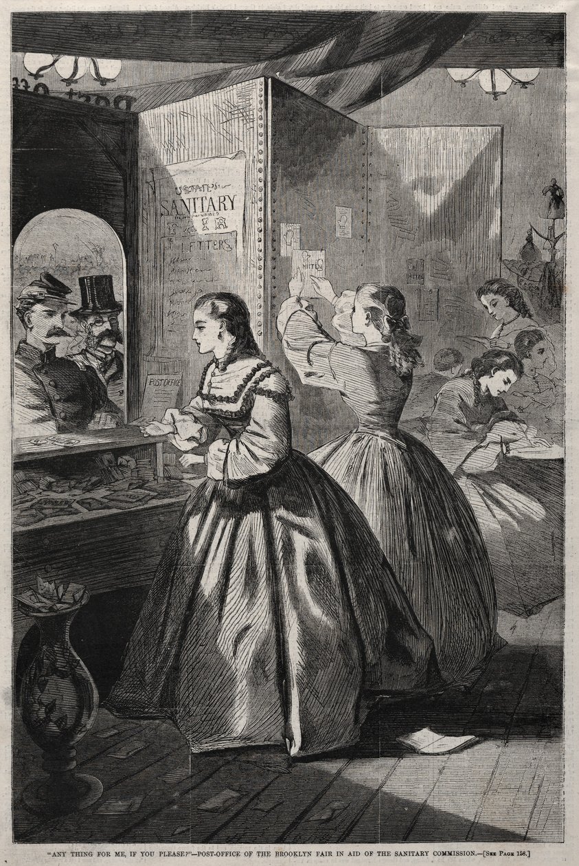 Any Thing for Me, If You Please - Post-Office of Brooklyn Fair in Aid..., 1864. od Winslow Homer