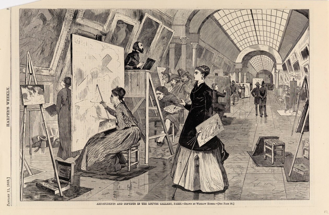 Studenti umění a kopisté v pařížské galerii Louvre, z Harper