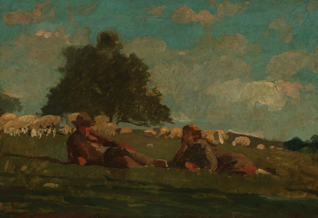 Chlapec a dívka v poli s ovcemi od Winslow Homer