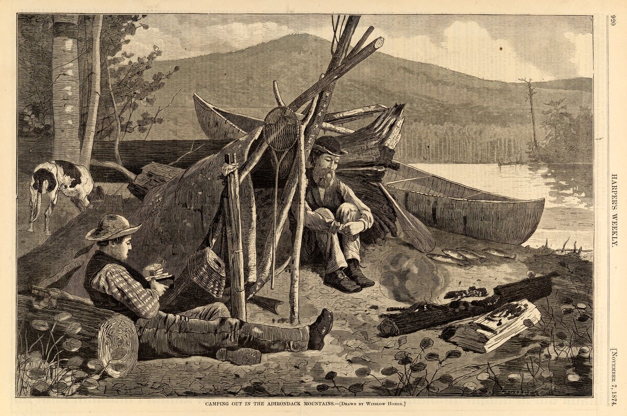Kempování v pohoří Adirondack, z časopisu Harper’s Weekly, 7. listopadu 1874 od Winslow Homer