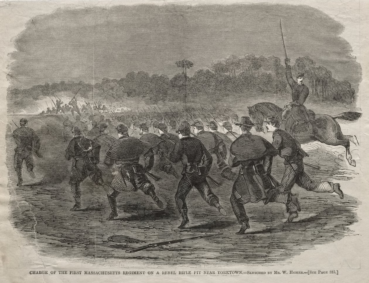 Útok 1. massachusettského pluku na povstalecké střelecké zákopy poblíž Yorktownu od Winslow Homer